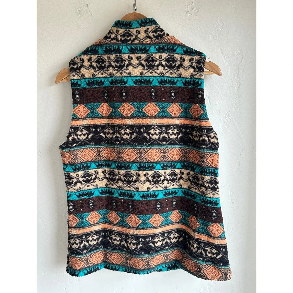 Womens Aztec‎ Sherpa Fleece Vest Teal Brown Southwestern Full Zip Size Medium